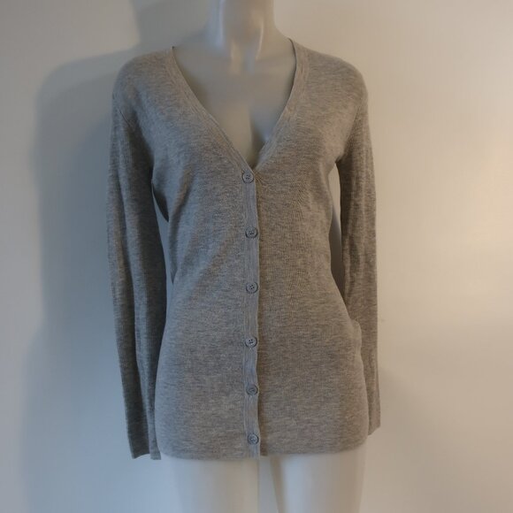Women Scoop NYC Gray Melange 100% Cashmere Knit V-Neck Cardigan Sweater L - Picture 2 of 11